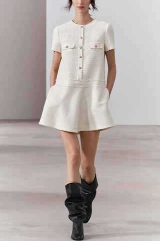 1960er London Girl Tweed Strukturiertes Minikleid mit goldenen Knöpfen und kurzen Ärmeln und Taschen