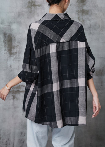 Boho Schwarz Oversized Plaid Baumwollhemd Tops Frühling 