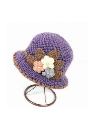 Gestrickte Damen Herbst und Winter Klassischer Plüsch-Eimerhut mit Blumenmuster 