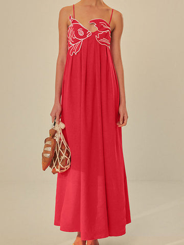 Vestido midi con tirantes finos y bordado de pez 