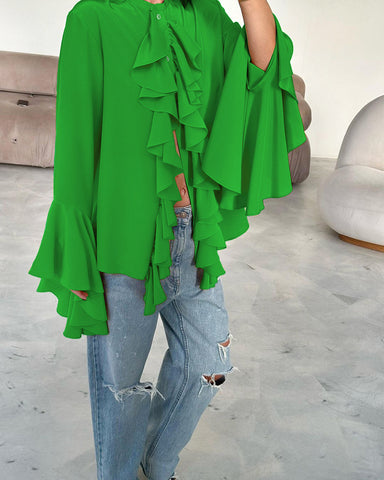 Bluse aus transparentem Chiffon mit Rundhalsausschnitt, Glockenärmeln und Wasserfall-Rüschen 