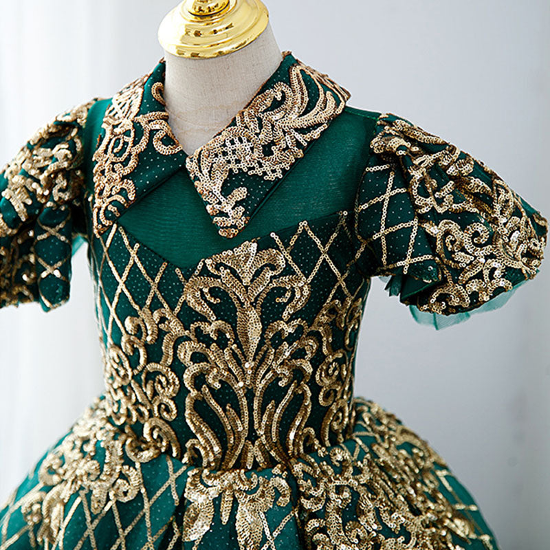 Mädchen Festkleid Kinder Vintage Wunderschönes grünes goldenes Pailletten-Party-Prinzessinnen-Kommunionskleid 