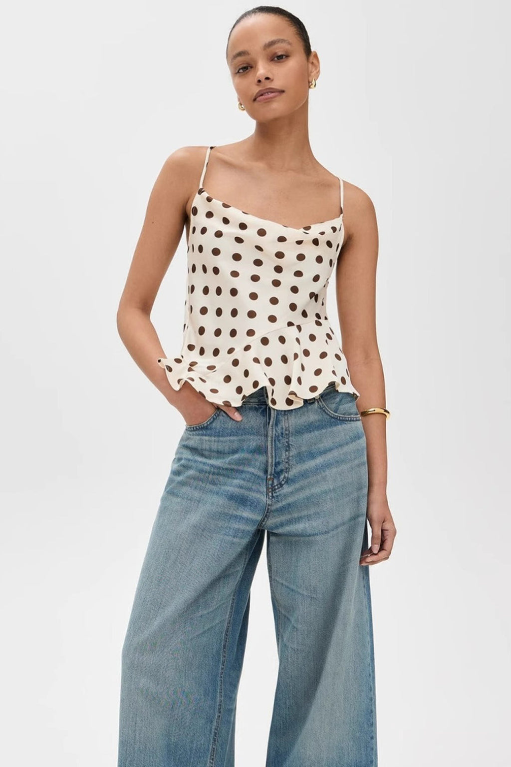 Ruffle Draped Neck Polka Dot Tie Back Cami Top
