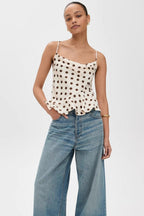 Ruffle Draped Neck Polka Dot Tie Back Cami Top