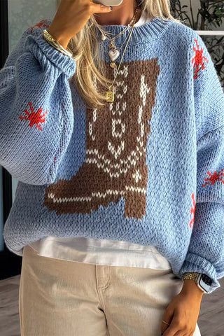 Suéteres casuales de cuello redondo con contraste y tejido de copos de nieve 