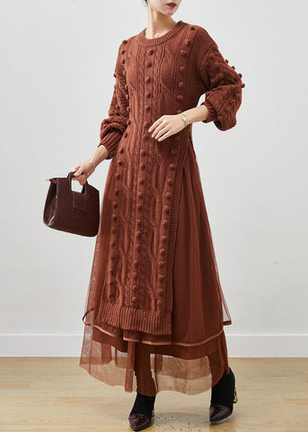 Conjunto de dos piezas de vestido de suéter de punto fino caqui y tul con abertura lateral para invierno 