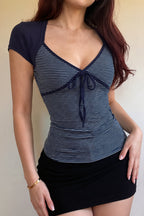 Striped Color Block Tie Fake Two Blouse