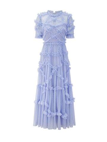 Ruffles Dress Illusion Neckline Ruffles Layered Tulle Maxi Dresses