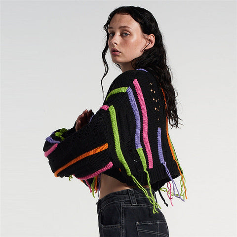 Women Clothing Autumn Winter Street Shooting Knitwear Color Matching Tassel Wild Casual Sweater