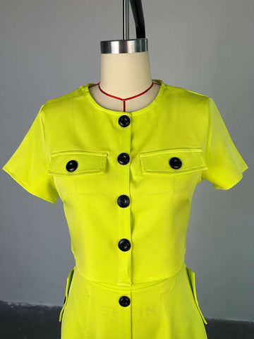 Buttoned Pockets Split-Joint Round-Neck T-Shirt Top + A-Line High Waisted Skirts Bottom Two Pieces Set