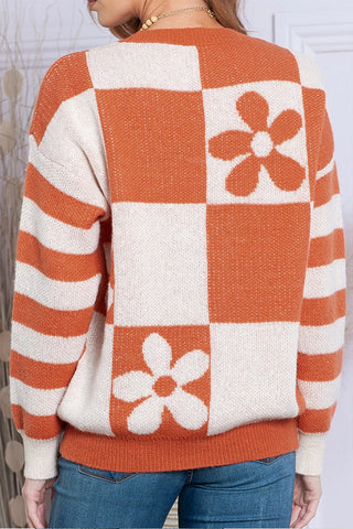 Checkered and Striped Knitted Pullover Sweater