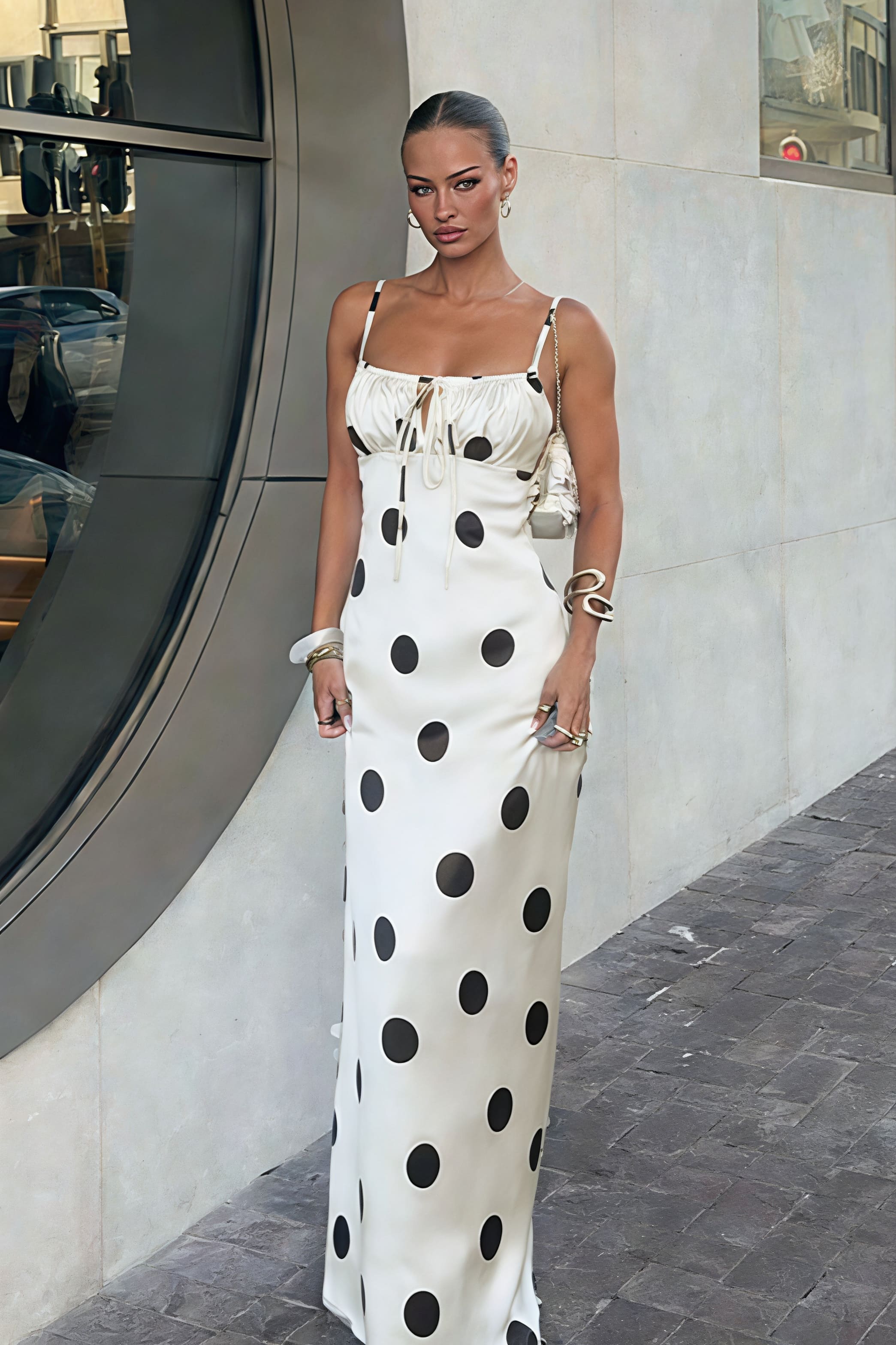 Silk Satin Polka Dot Spaghetti Strap Maxi Dress
