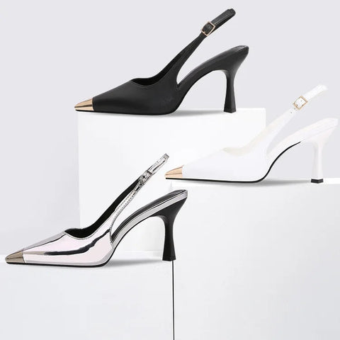 New silver straight line with fashionable pointed thin high heels sandals wedding shoes for women black patent leather