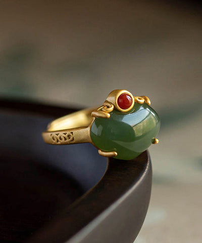 Anillos de jade dorado en plata de ley verde estilo 