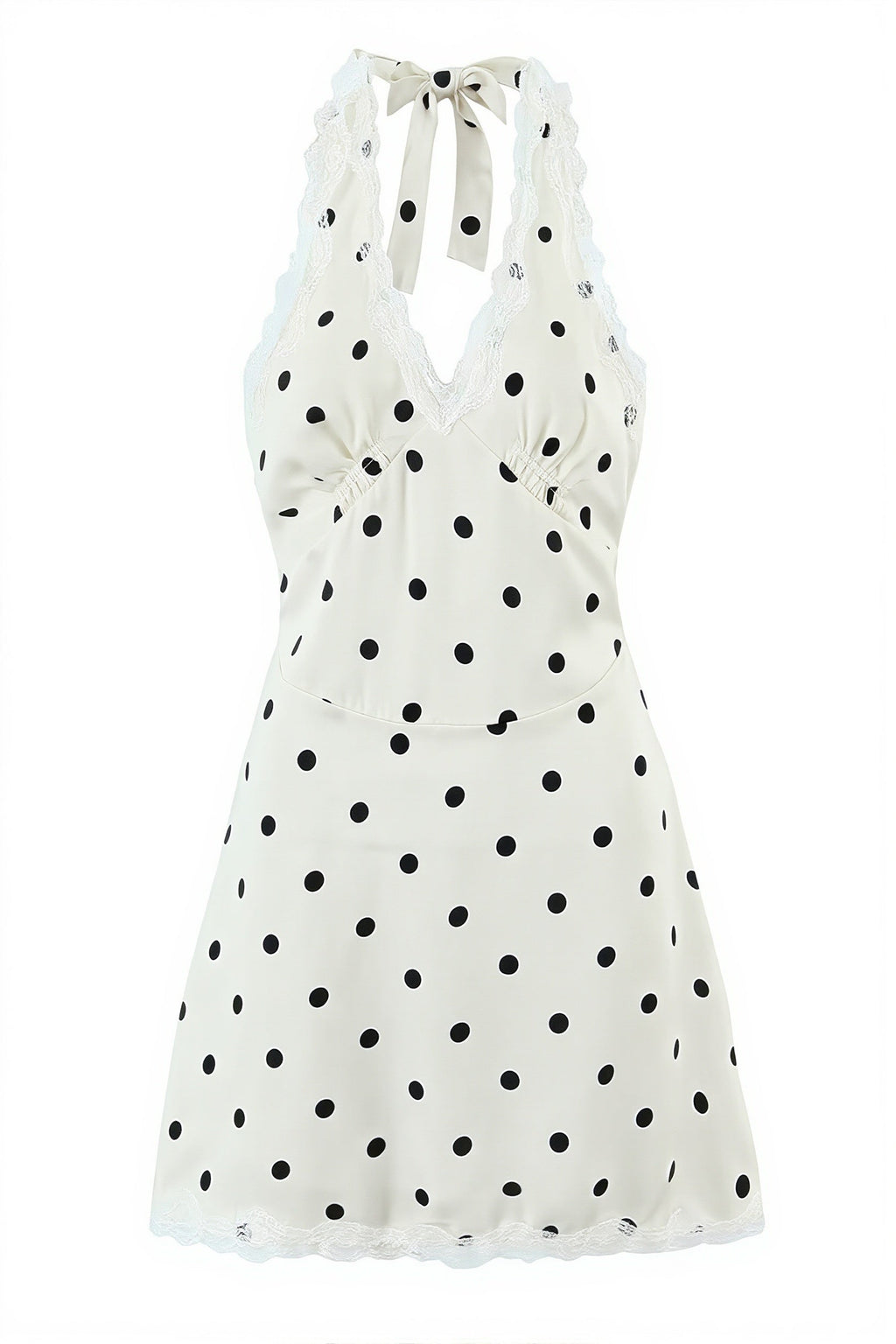 Polka Dot Lace Trim Halter V Neck Mini Dress