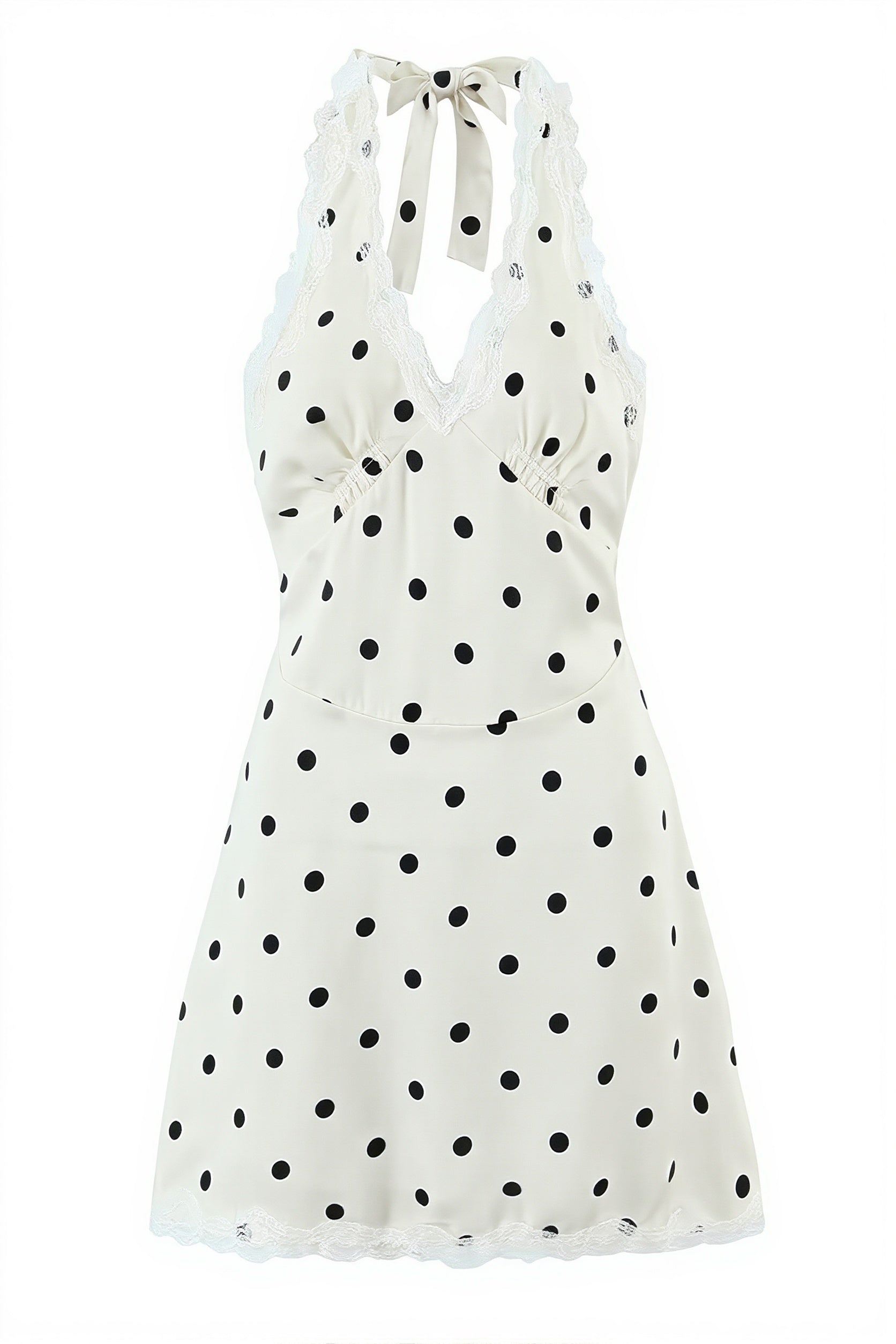 Polka Dot Lace Trim Halter V Neck Mini Dress
