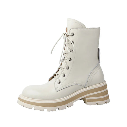 Botas de mujer otoño 2024, nuevas botas de tobillo de piel auténtica de estilo británico con suela gruesa y cordones, botas de plataforma para mujer 