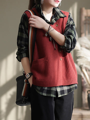 Plus Size Women Spring Knitted Button Sleeveless Vest Waistcoat Sweater