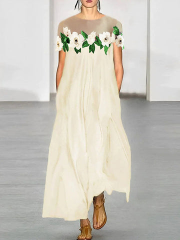 Vestidos largos holgados de manga corta con cuello redondo, abertura y adornos florales 