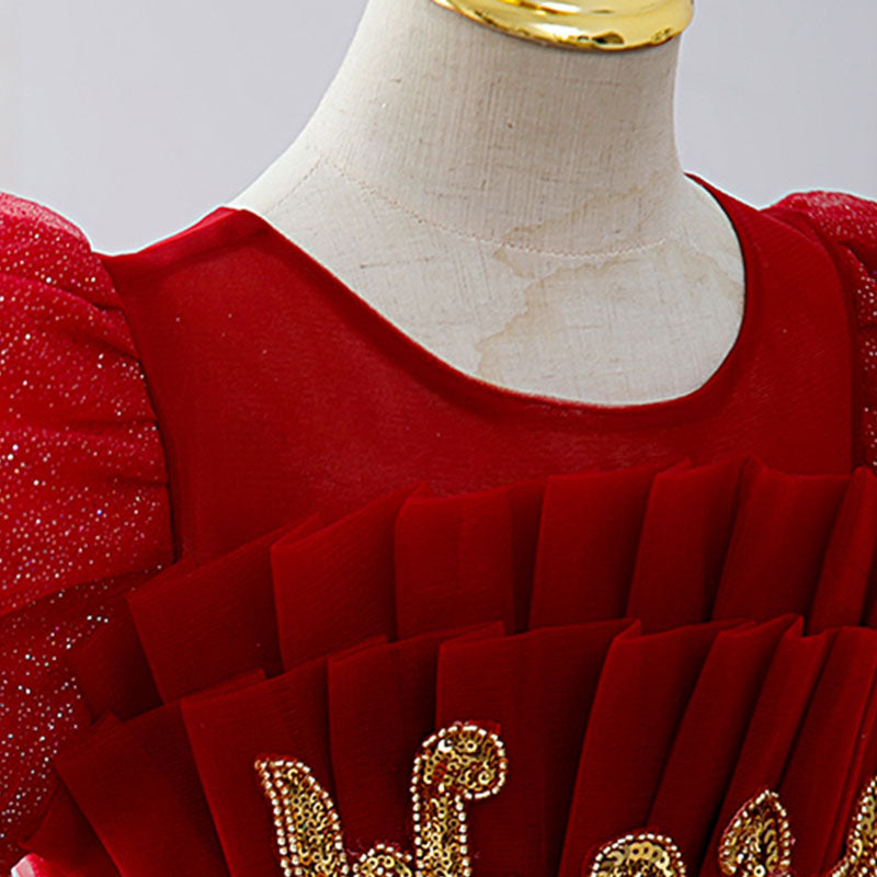 Mädchen-Weihnachtskleid, Baby-Kommunionskleid, luxuriöses rotes besticktes Prinzessinnenkleid für Hochzeiten und Partys 
