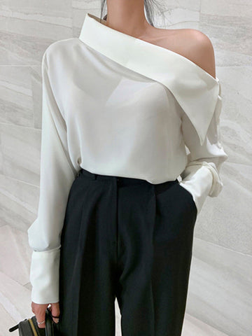 Long Sleeves Asymmetric Buttoned See-Through Solid Color One-Shoulder Blouses&Shirts Tops
