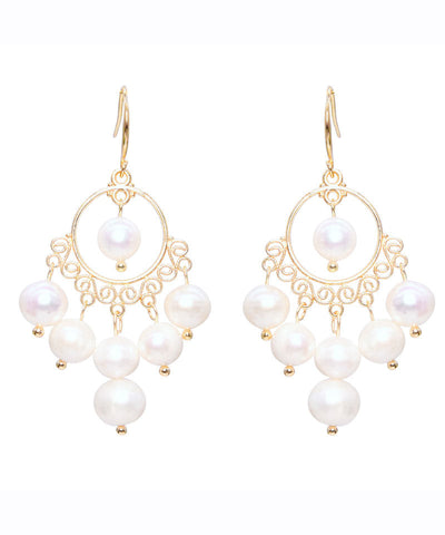 Pendientes colgantes con borlas de perlas de oro blanco de 14 quilates 