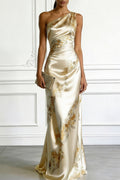 Elegant Off Shoulder Asymmetrical Neckline Print Slim Fit Maxi Dress