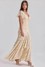 Floral Printed V-Neck Bodycon Maxi Dress