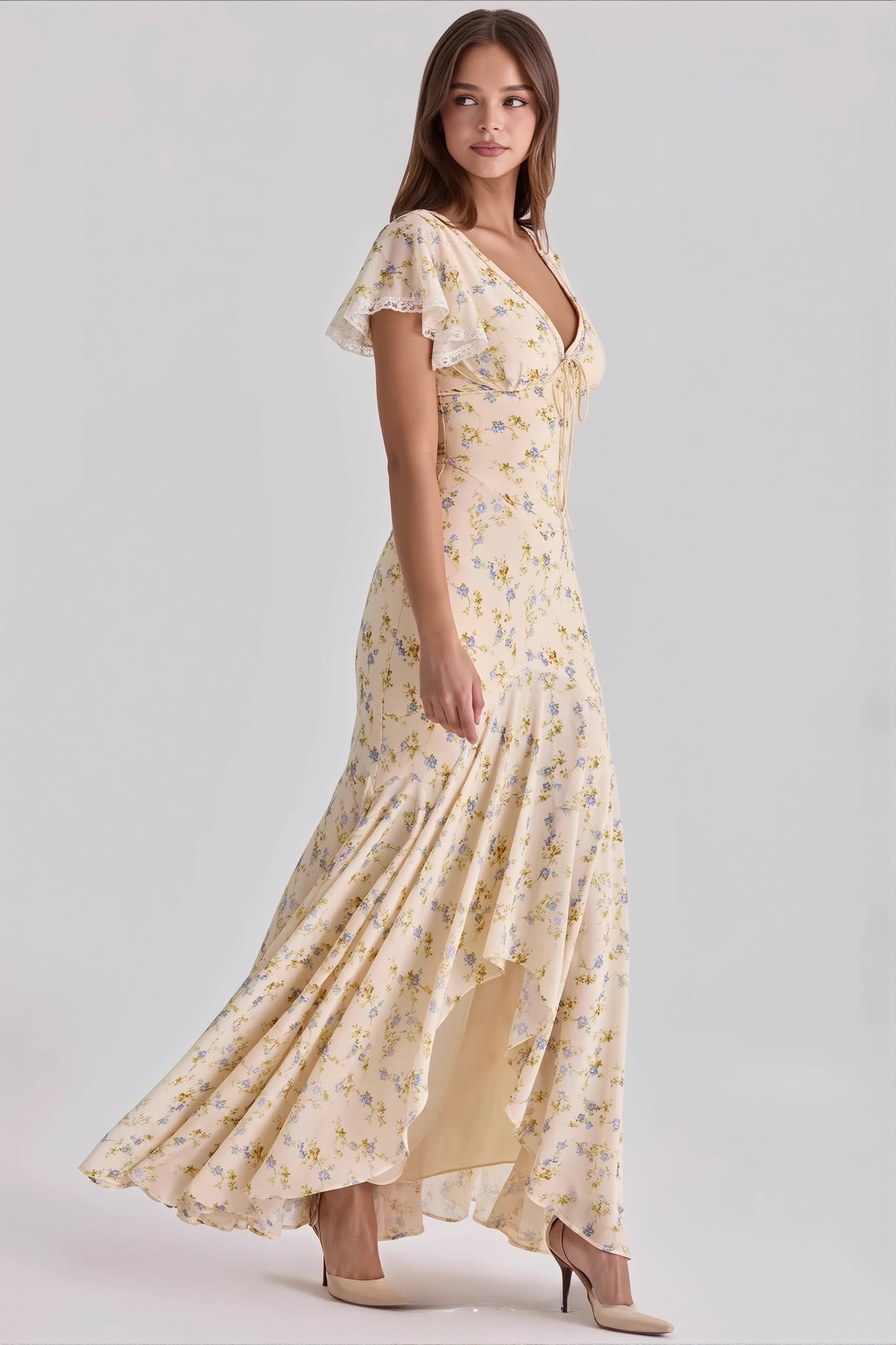 Floral Printed V-Neck Bodycon Maxi Dress