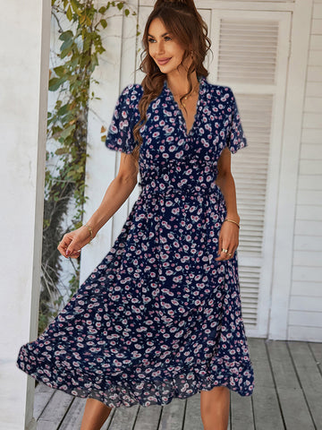 Printed V-Neck Short Sleeves Midi Dress