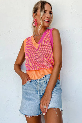 Chaleco de punto con cuello en V de color rosa chevron 