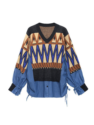 False Two Long Sleeves Drawstring Split-Joint V-Neck Sweater