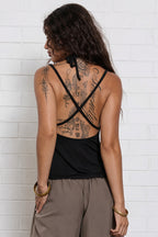 Solid Ruched Deep V Backless Halter Top
