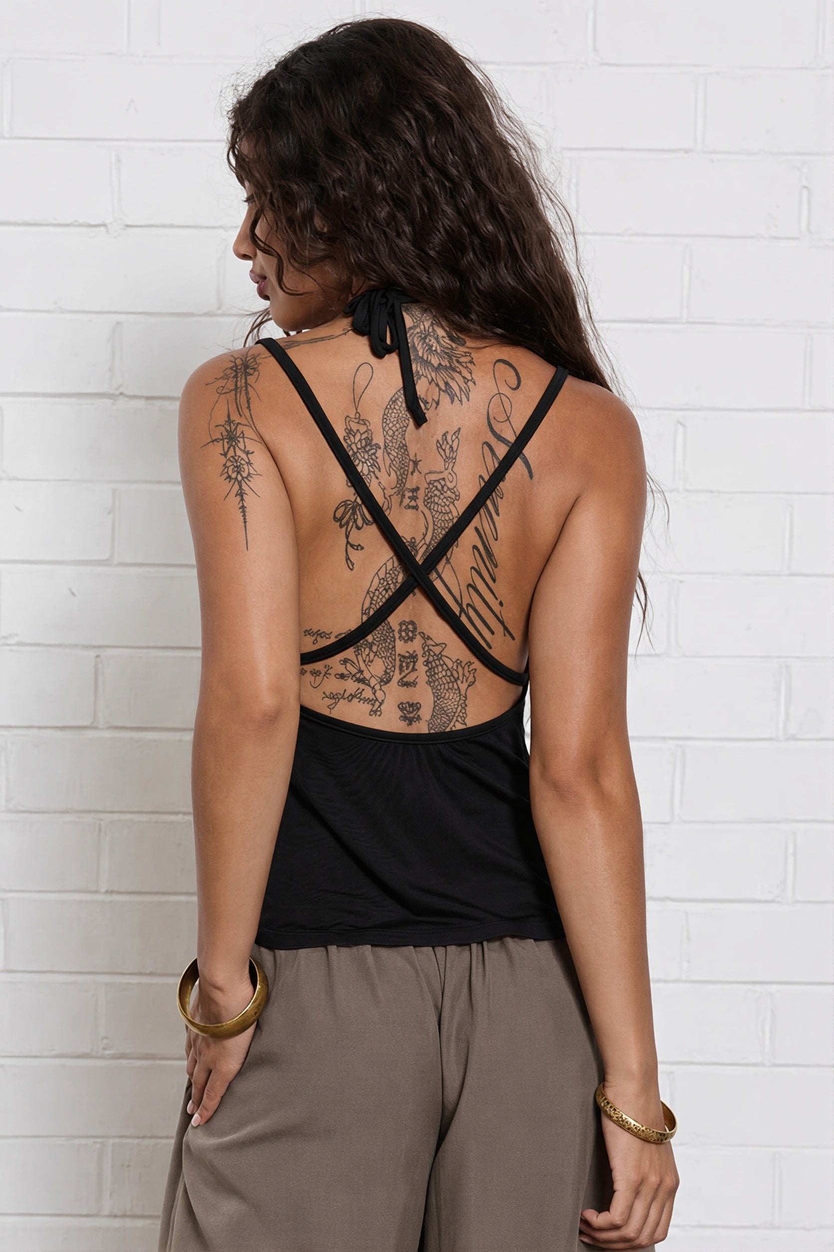 Solid Ruched Deep V Backless Halter Top