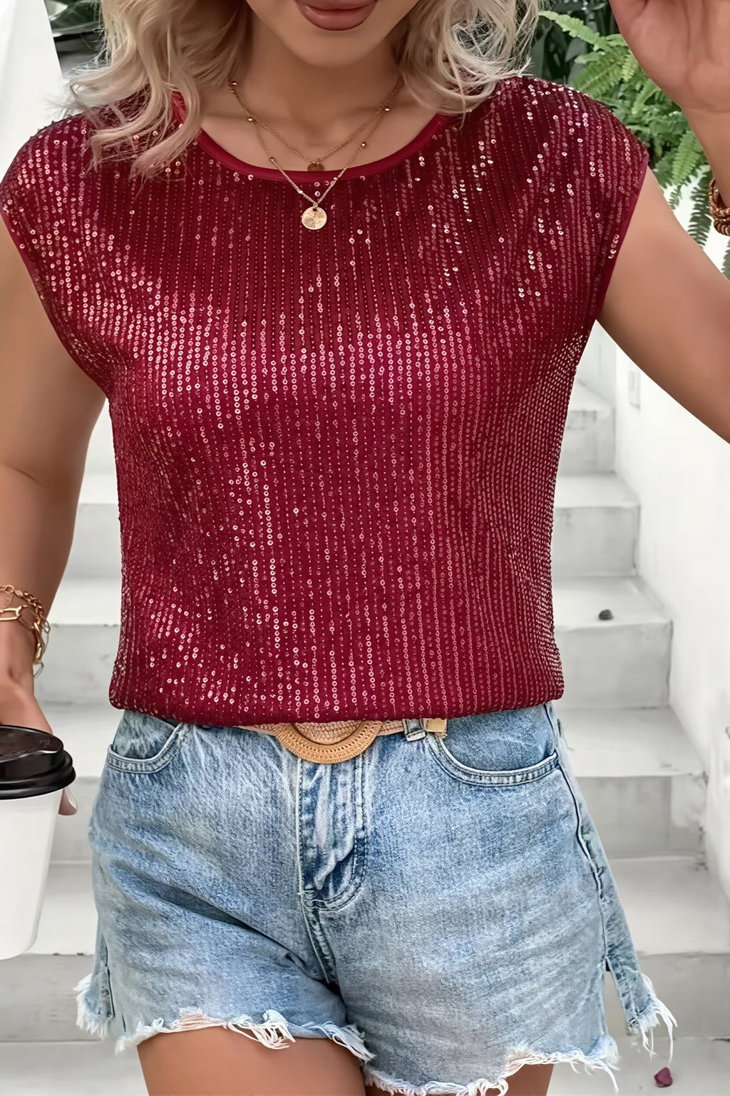 Sequin Loose Sleeveless T-shirt