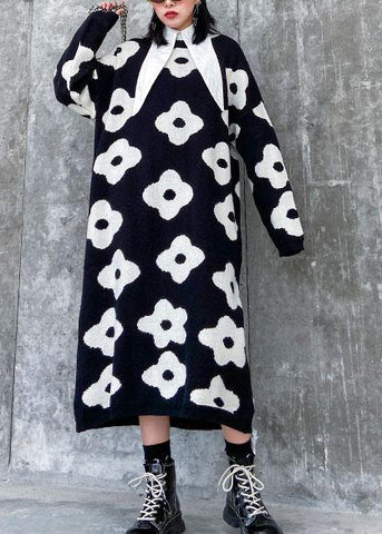 Suéter de punto con estampado negro estético para mujer, vestido holgado de punto con cuello redondo 