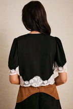 Lace V Neck Button Puff Sleeve Blouse