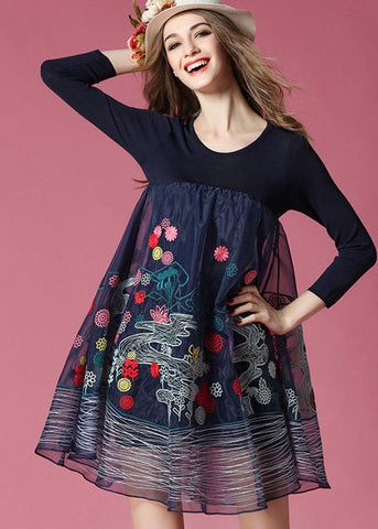 Vestido de fiesta de primavera con patchwork de organza y bordado azul marino bohemio 