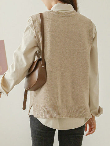 Suéter informal holgado sin mangas de color liso con cuello en V 