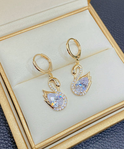 Pendientes colgantes de cisne con cristales de circonita y aleación de oro de moda 