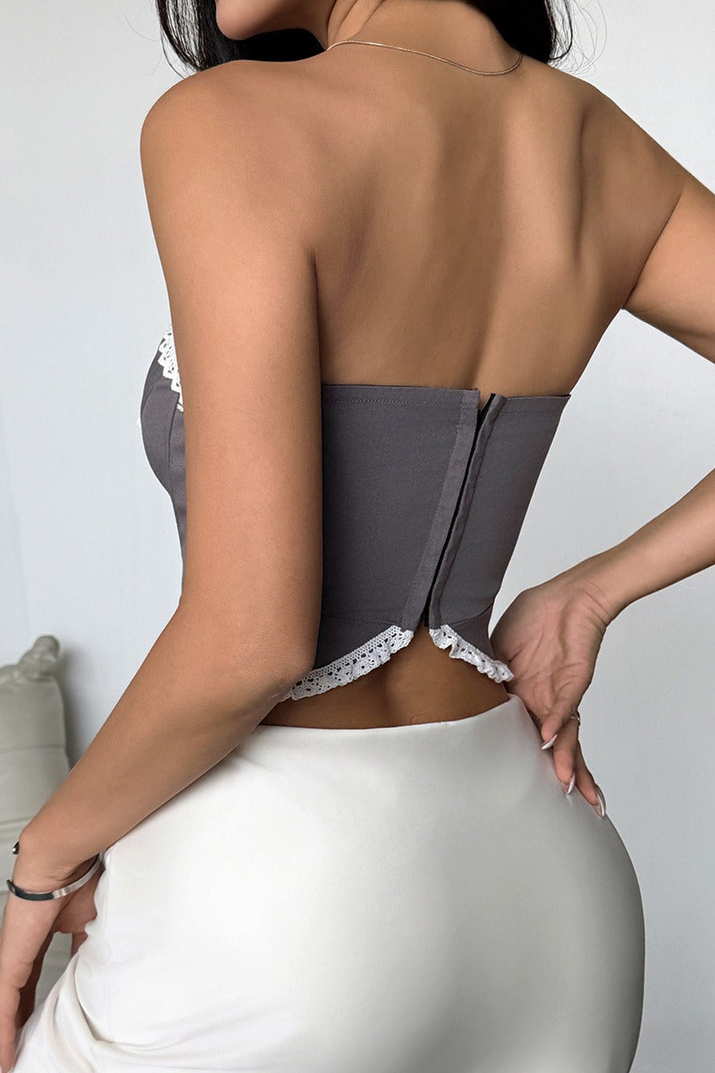 Lace Ruffle Trim Bow Detail Boned Cami Sexy Blouse