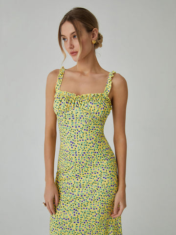 Vestido midi bohemio de vacaciones con estampado floral de tirantes 