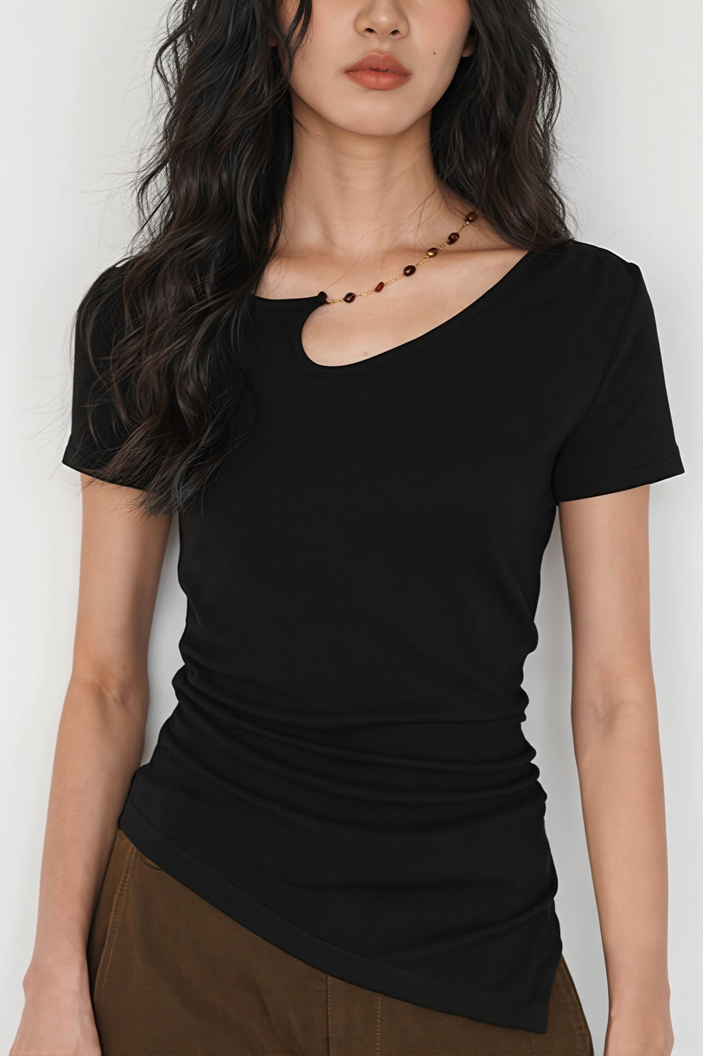 Solid Simple Beaded Hollow Neck T-Shirt