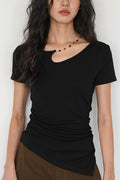 Solid Simple Beaded Hollow Neck T-Shirt