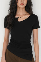 Solid Simple Beaded Hollow Neck T-Shirt