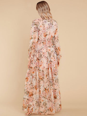 Maxi Dress V-Neck Long Sleeves Casual Floral Print Long Dress