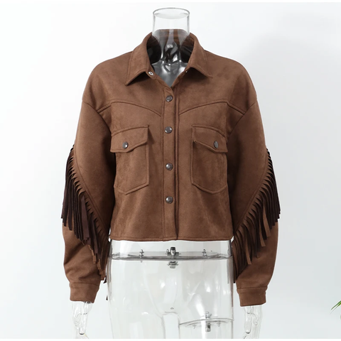 Chaqueta corta con flecos y solapa estilo vaquero occidental 