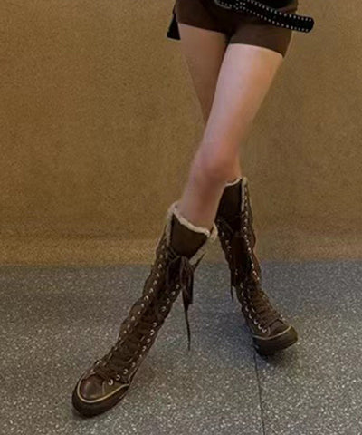 Botas de lona marrón 2024 con cordones y forro de lana afelpada 