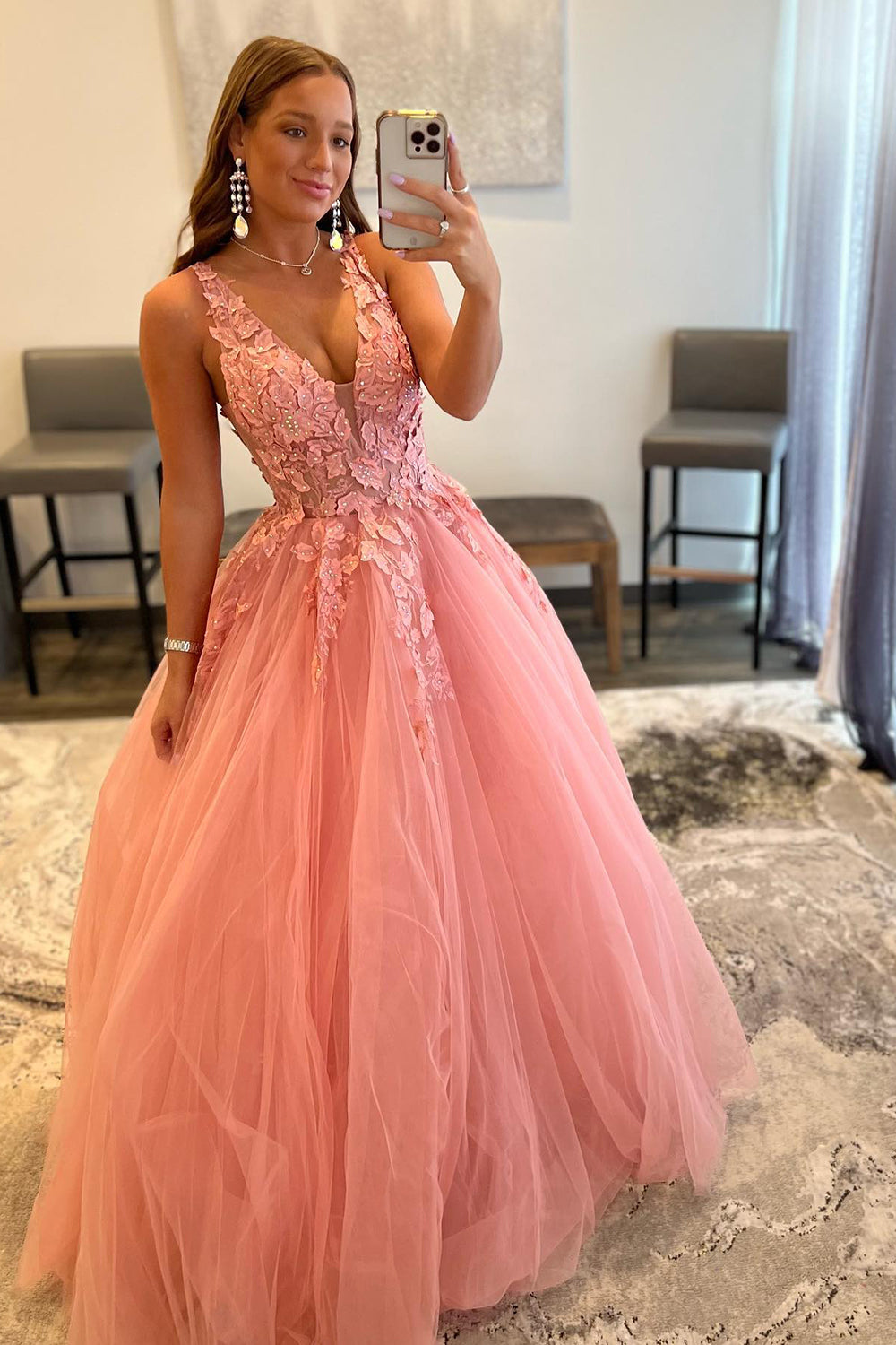 Princess A Line V Neck Orange Long Prom Dress with Appliques