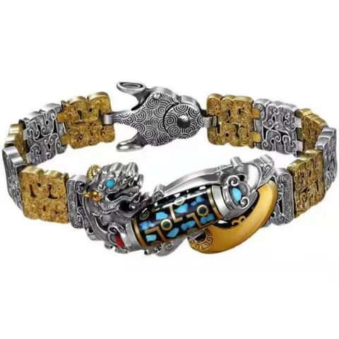 Sterling Silver Turquoise Lucky Pixiu Inlaid Nine-eyed Dzi Curb Chain Bracelet